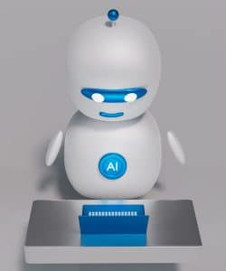 a white robot sitting on top of a table
